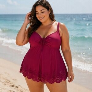 BloomChic Women's Plus 5XL 30 Tankini Swimsuit Set Berry Laser Cut Scalloped NEW